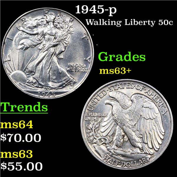 1945-p Walking Liberty Half Dollar 50c Graded Select+ Unc