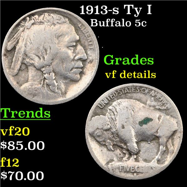 1913-s Ty I Buffalo Nickel 5c Graded vf details