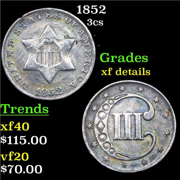 1852 Three Cent Silver 3cs Graded xf details