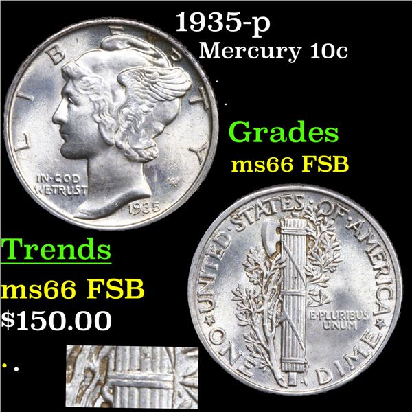 1935-p Mercury Dime 10c Graded GEM+ FSB