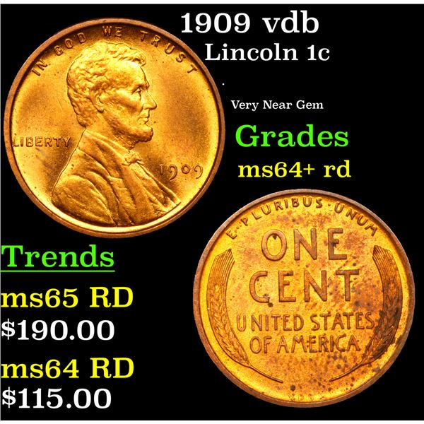 1909 vdb Lincoln Cent 1c Graded Choice+ Unc RD