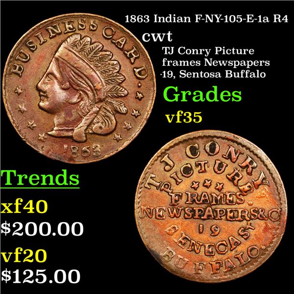 1863 Indian F-NY-105-E-1a R4 Civil War Token 1c Graded vf++