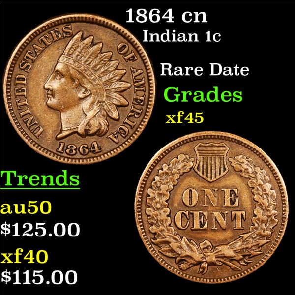 1864 cn Indian Cent 1c Graded xf+