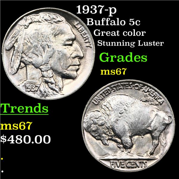 1937-p Buffalo Nickel 5c Graded GEM++ Unc