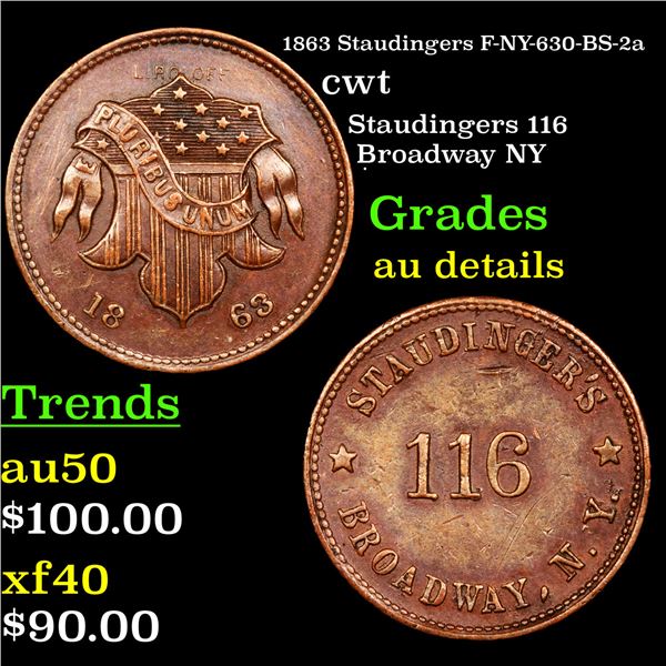 1863 Staudingers F-NY-630-BS-2a Civil War Token 1c Graded AU Details