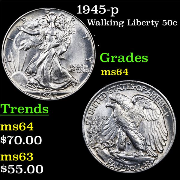1945-p Walking Liberty Half Dollar 50c Graded Choice Unc
