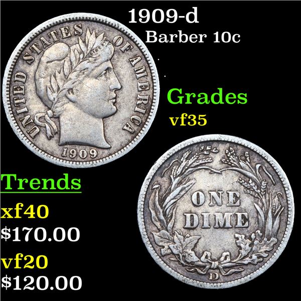 1909-d Barber Dime 10c Graded vf++