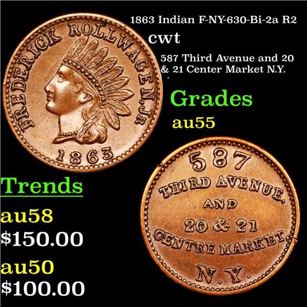 1863 Indian F-NY-630-Bi-2a R2 Civil War Token 1c Graded Choice AU