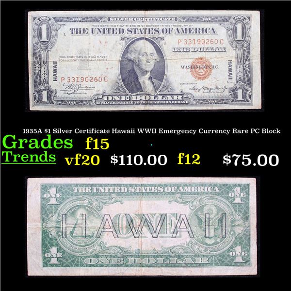 1935A $1 Silver Certificate Hawaii WWII Emergency Currency Rare PC Block Grades f+
