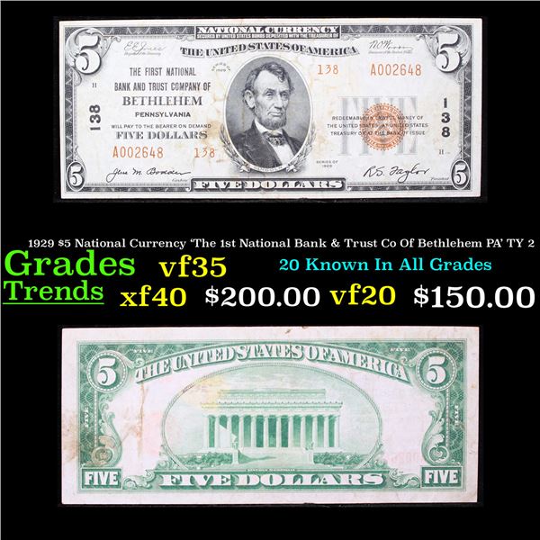 1929 $5 National Currency 'The 1st National Bank & Trust Co Of Bethlehem PA' TY 2 Grades vf++