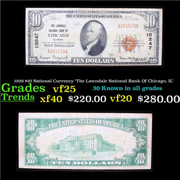 1929 $10 National Currency 'The Lawndale National Bank Of Chicago, IL' Grades vf+