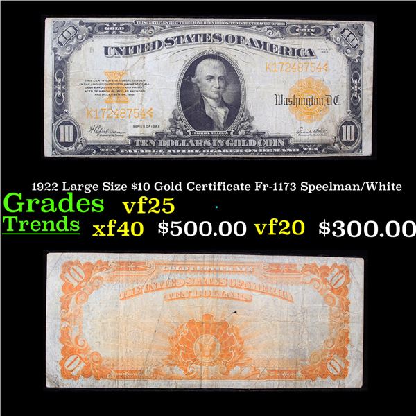 1922 Large Size $10 Gold Certificate Fr-1173 Speelman/White Grades vf+