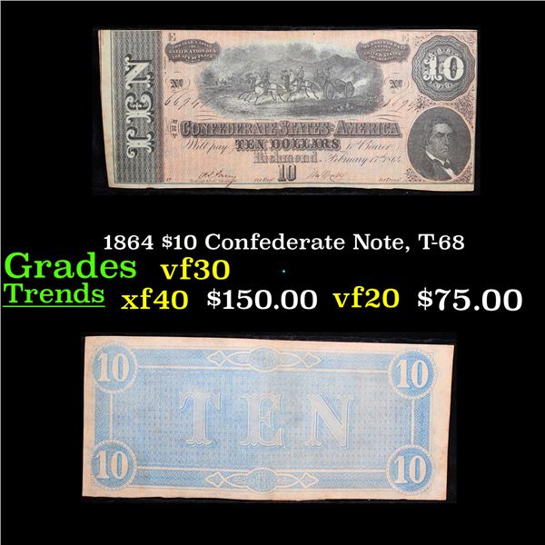 1864 $10 Confederate Note, T-68 Grades vf++