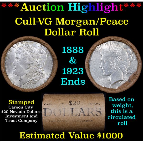 ***Auction Highlight*** 1888 & 1923 Ends Cull-VG Mixed Morgan/Peace Silver Dollar Shotgun Roll, 20 C