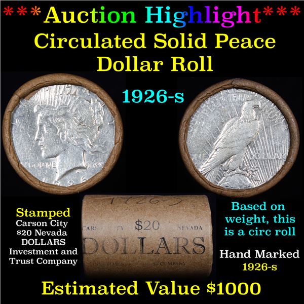 ***Auction Highlight*** Full solid Date 1926-s Peace silver dollar roll, 20 coin (fc)