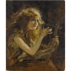 Tade Styka Oil on panel Girl with Harp