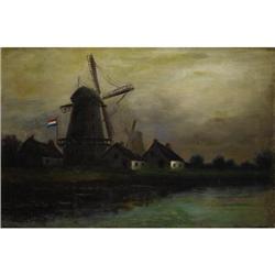 Continental School Oil on canvas Windmills