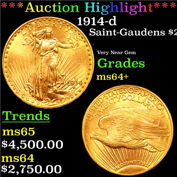 ***Auction Highlight*** 1914-d Saint-Gaudens $20 Gold Double Eagle Grades Choice+ Unc (fc)