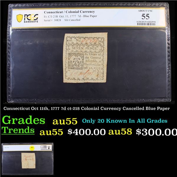 PCGS Connecticut Oct 11th, 1777 7d ct-218 Colonial Currency Cancelled Blue Paper Graded au55 By PCGS