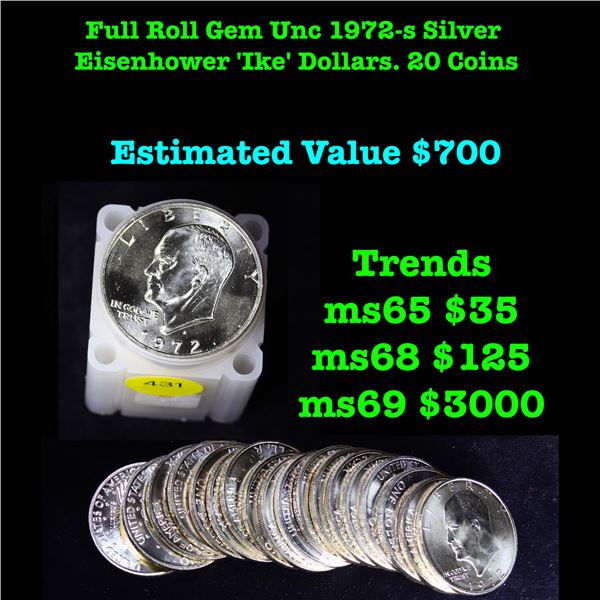 ***Auction Highlight*** Full Roll Gem Unc 1972-s Silver Eisenhower 'Ike' Dollars. 20 Coins total Eis