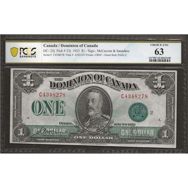 Canada DC- 25j 1923 $1 CHUNC63 PCGS
