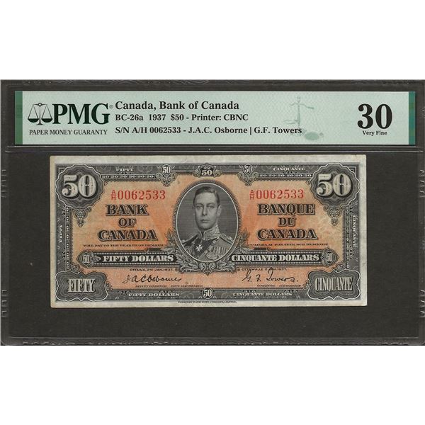Canada BC-26a 1937 OSBORNE $50 VF30 PMG