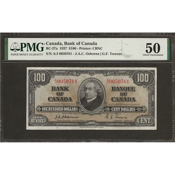 Canada BC-27a 1937 $100 OSBORNE AU50 PMG