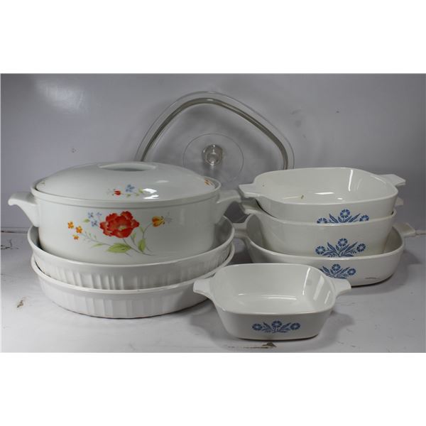 CORNING FRENCH WHITE SERVING/CASSEROLE DISHES- 9