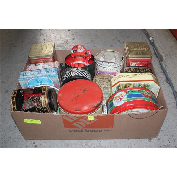 VINTAGE & REPRODUCTION TINS- BOX LOT OF 26