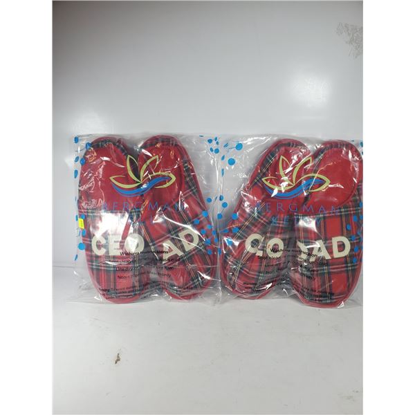 TWO PAIRS 11-12 RED PLAID CEO DAD SLIPPERS. NEW.
