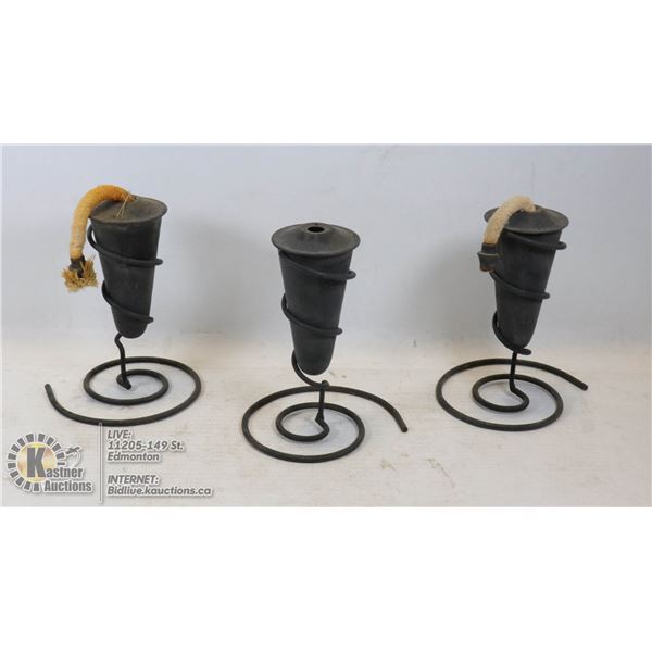 UNCLAIM SET OF 3 VINTAGE BURNERS ON ROD IRON STAND