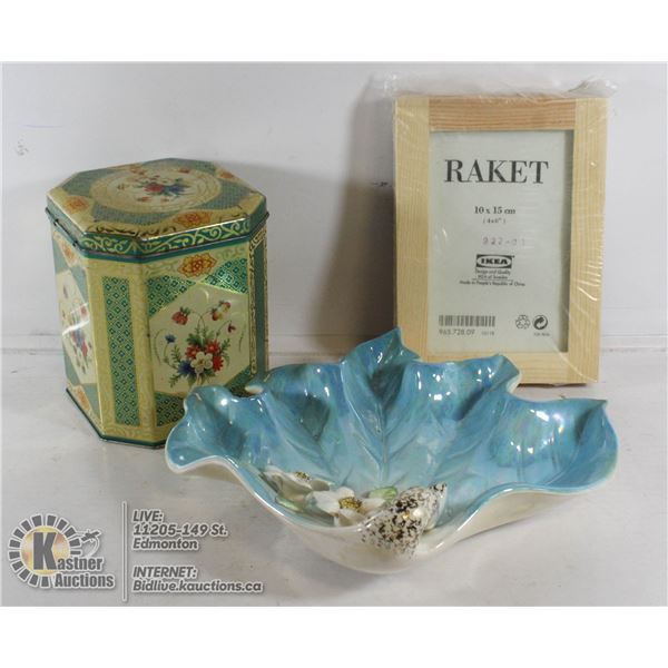 THREE PICTURE FRAMES, ANTIQUE DISH & TIN