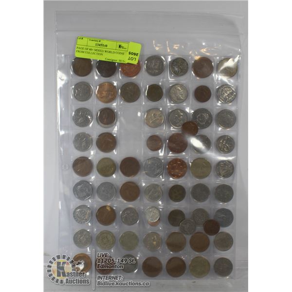PAGE OF 60+ MIXED WORLD COINS FROM COLLECTION