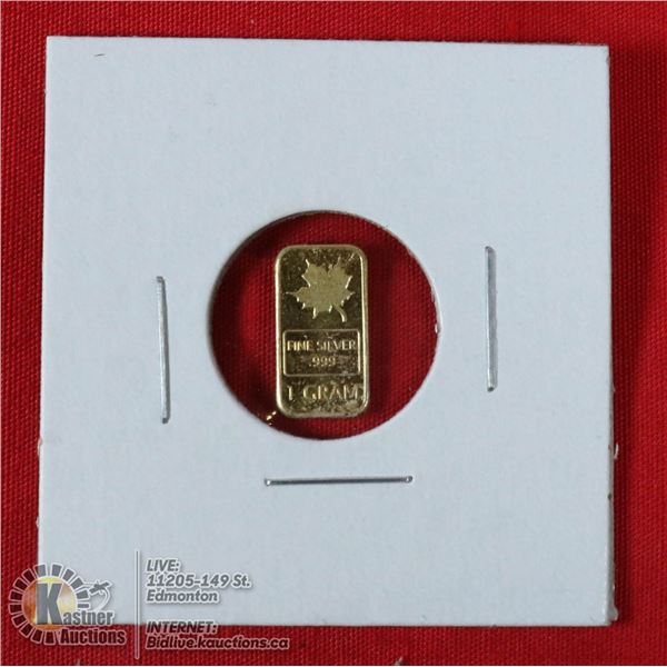 1 GRAM .999 PURE SILVER BAR W/GOLD PLATING