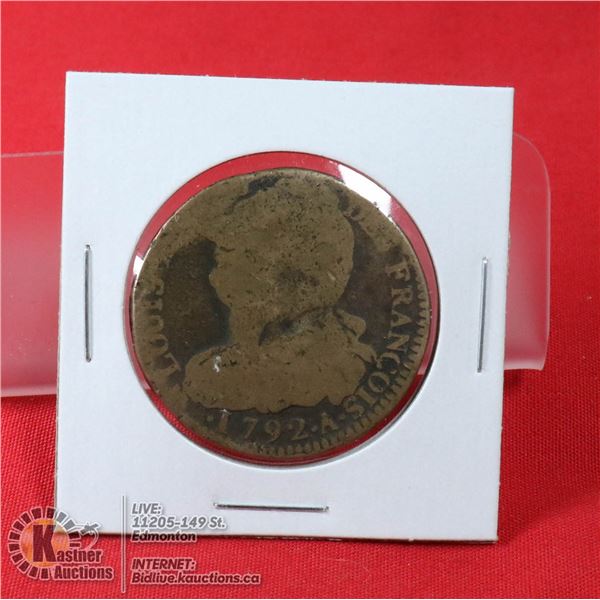 1792 FRANCE COPPER 2 SOL LOUIS XVI