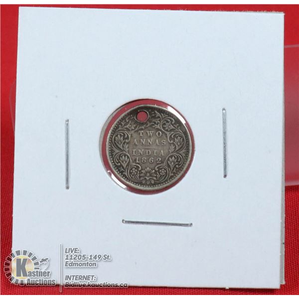BRITISH INDIA 1862 SILVER 2 ANNA COIN