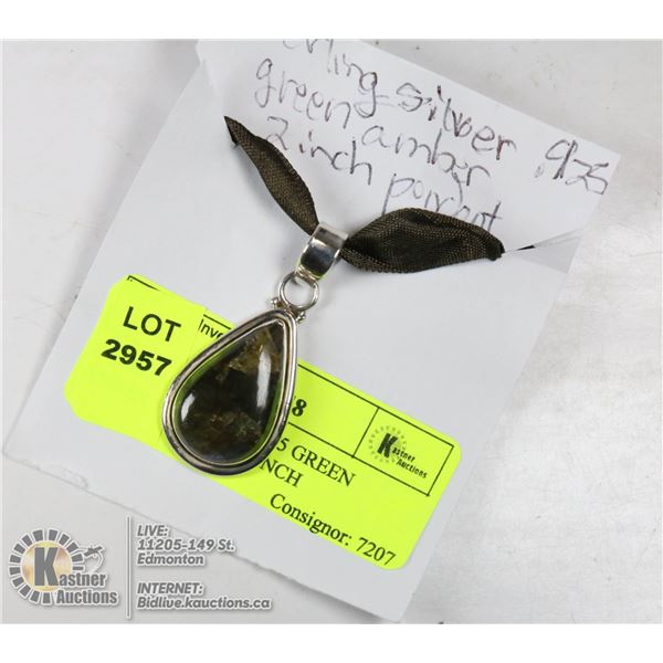 STERLING SILVER .925 GREEN AMBER PENDANT 2 INCH