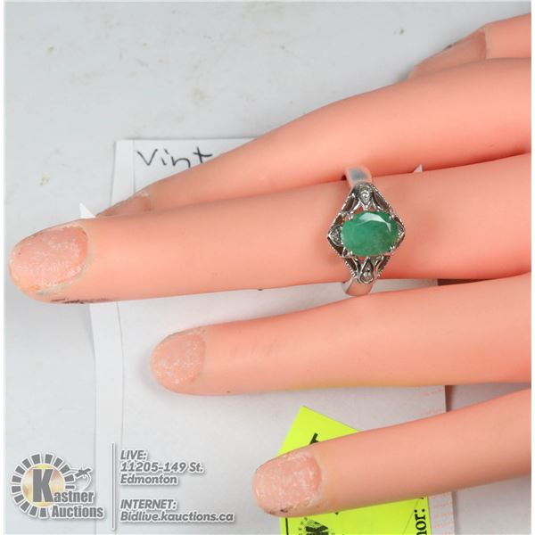 VINTAGE STERLING SILVER .925 EMERALD/DIAM RING