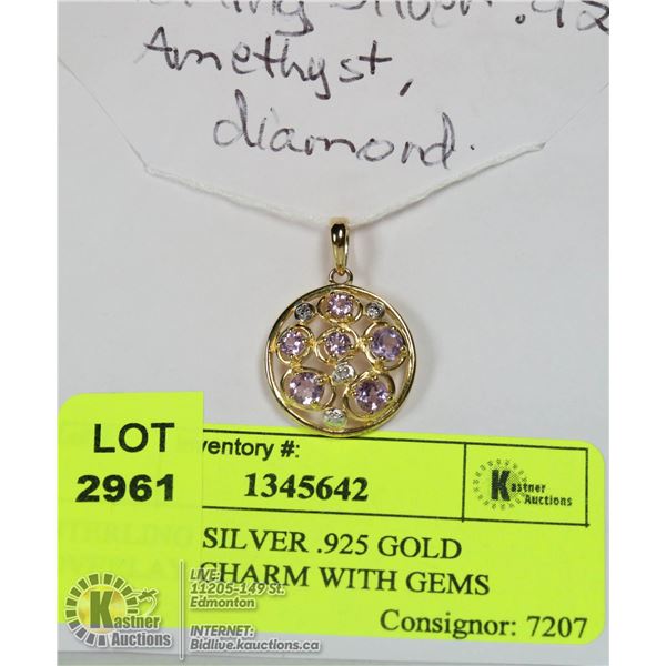 STERLING SILVER .925 GOLD OVERLAY CHARM WITH GEMS