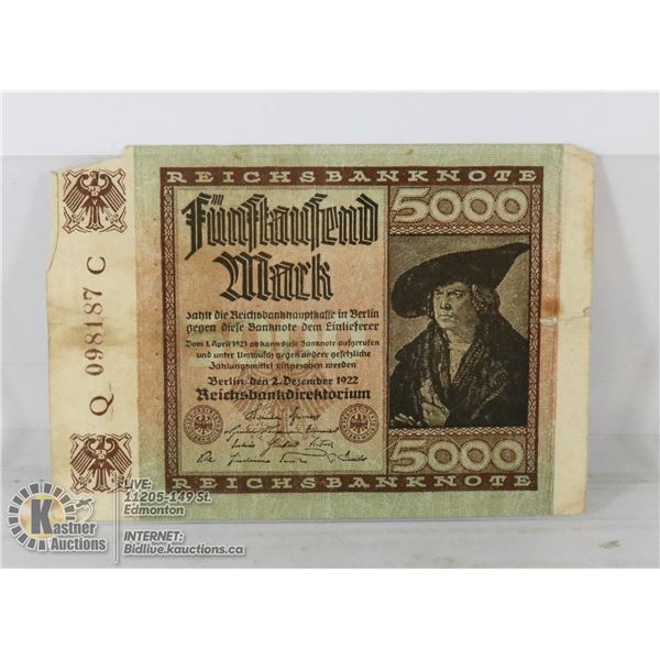 1922 GERMANY 5000 MARK BANKNOTE