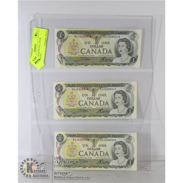 LOT OF 3 SEQUENTIAL 1973 $1 BANKNOTES