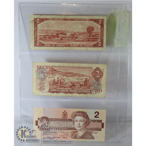 LOT OF 3 MIXED SERIES CANADA $2 BANKNOTES