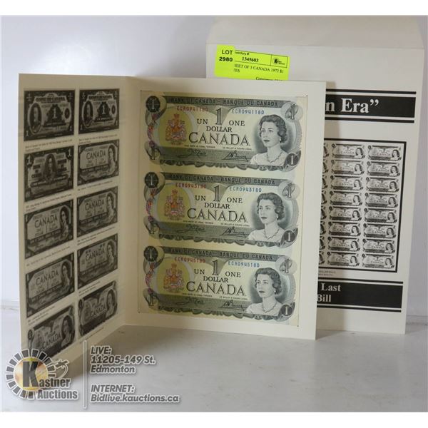 UNCUT SHEET OF 3 CANADA 1973 $1 BANKNOTES