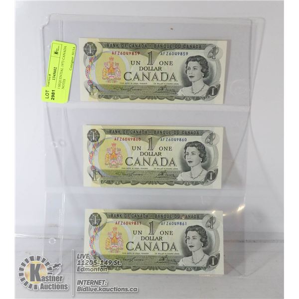LOT OF 3 SEQUENTIAL 1973 CANADA $1 BANKNOTES