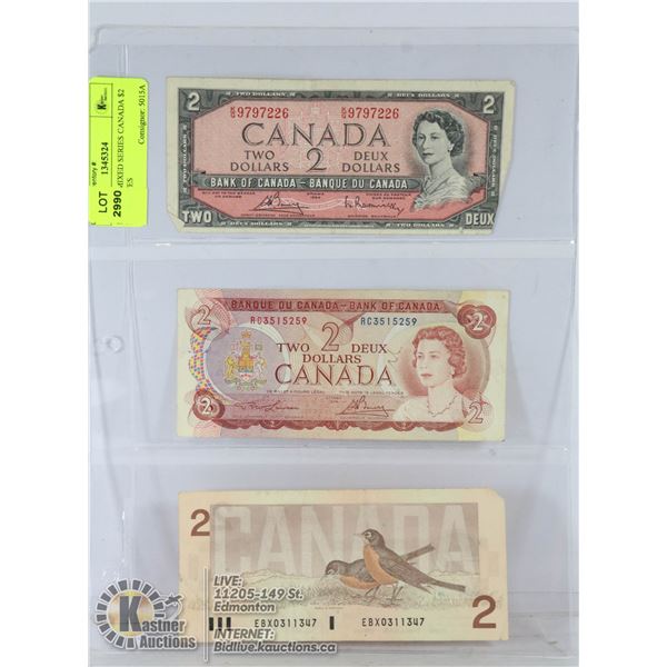 LOT OF 3 MIXED SERIES CANADA $2 BANKNOTES