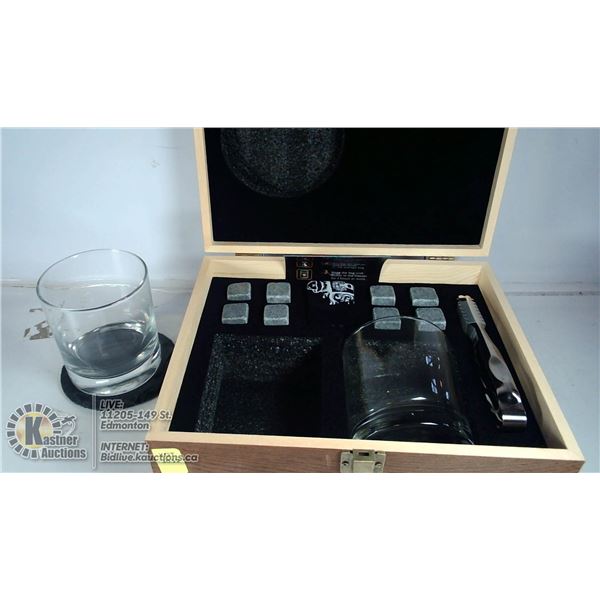 WHISKOFF GLASSES, CHILL CUBES, TONGS AND COASTERS