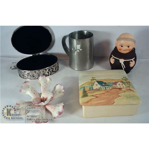 FLAT OF ASSORTED ITEMS INCLUDES: PEWTER MUG