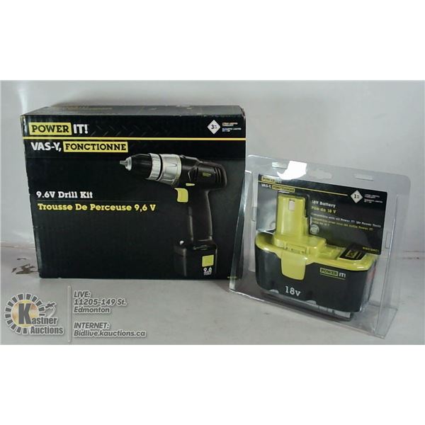 NEW POWER IT 9.6 VOLT DRILL WITH NEW SPARE BATTERY
