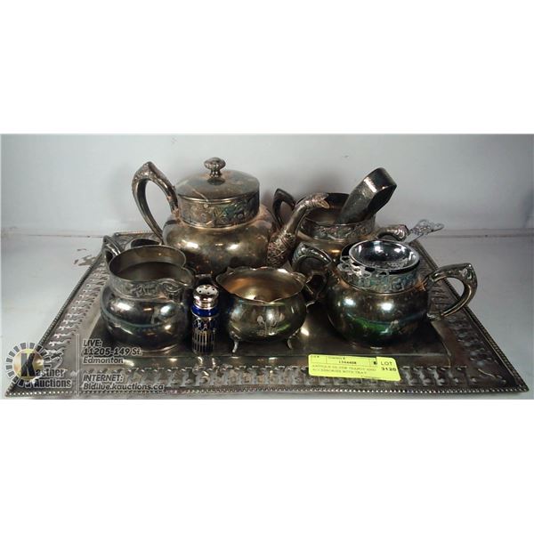 ANTIQUE SILVER TEAPOT AND ACCESSORIES WITH TRAY