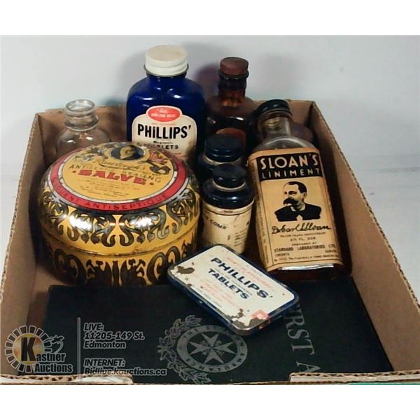 VINTAGE FLAT OF MEDICAL BOTTLES AND MORE